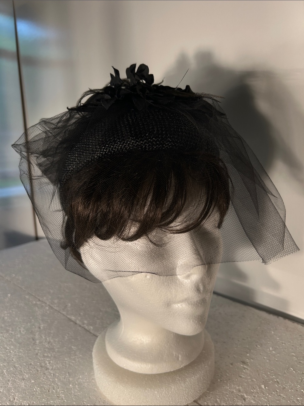 Fedoria Vintage Black Veiled Fascinator Hat Floral Accent Formal 40s -60s Derby